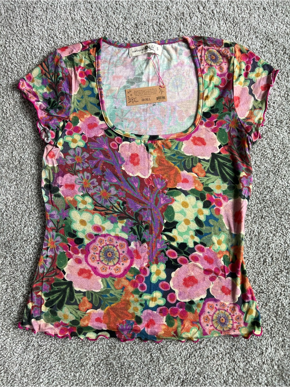 NATURAL LIFE Devon Butter-Soft Short Sleeve Top - Pink Painted Garden Scoop Neck